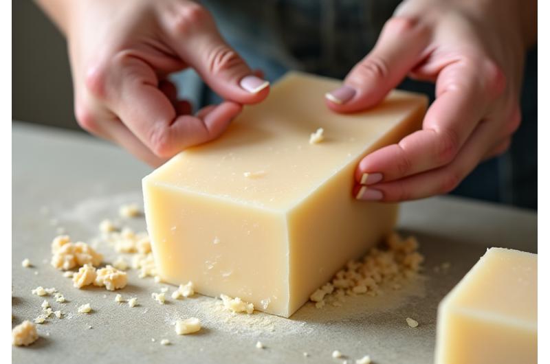 固まった石鹸を型から取り出し丁寧にカットする職人