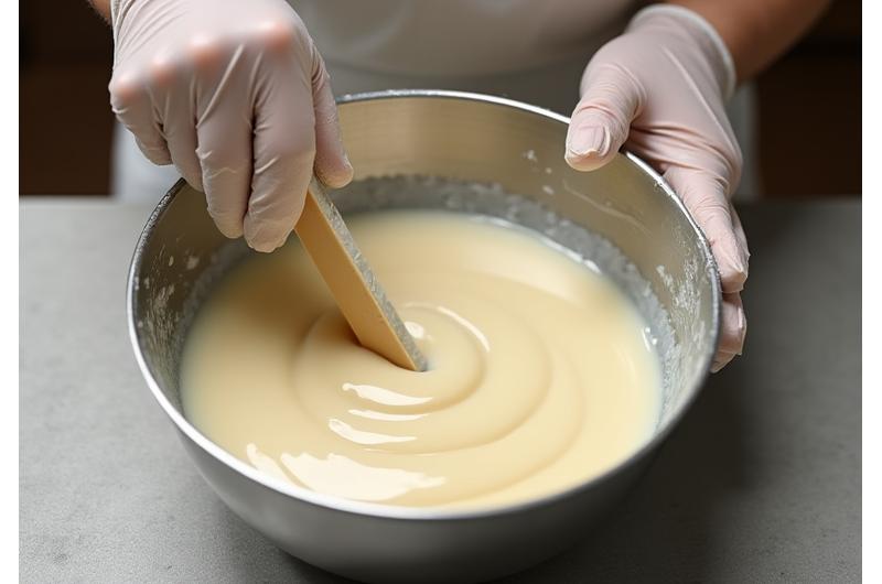 石鹸の材料となるオイルを丁寧に混ぜ合わせる様子