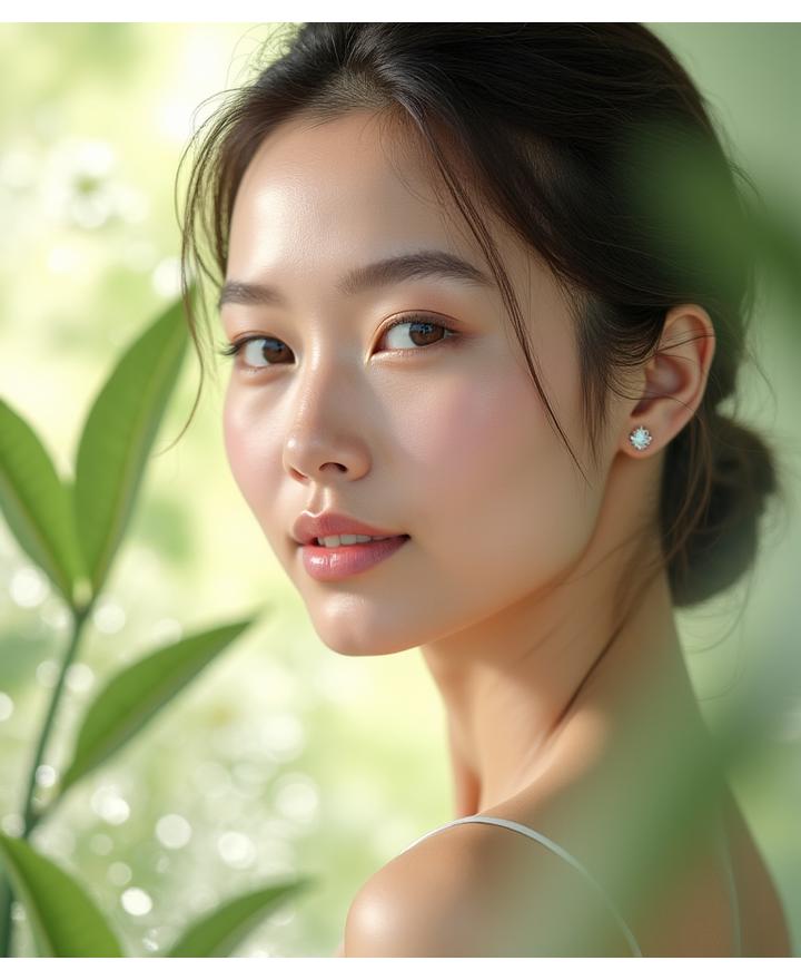 透明感のある肌と水滴の乗った新鮮な植物の葉、自然派化粧品のイメージ