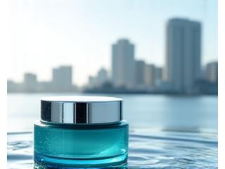 横浜の港の風景と、青いマリンコスメのボトル